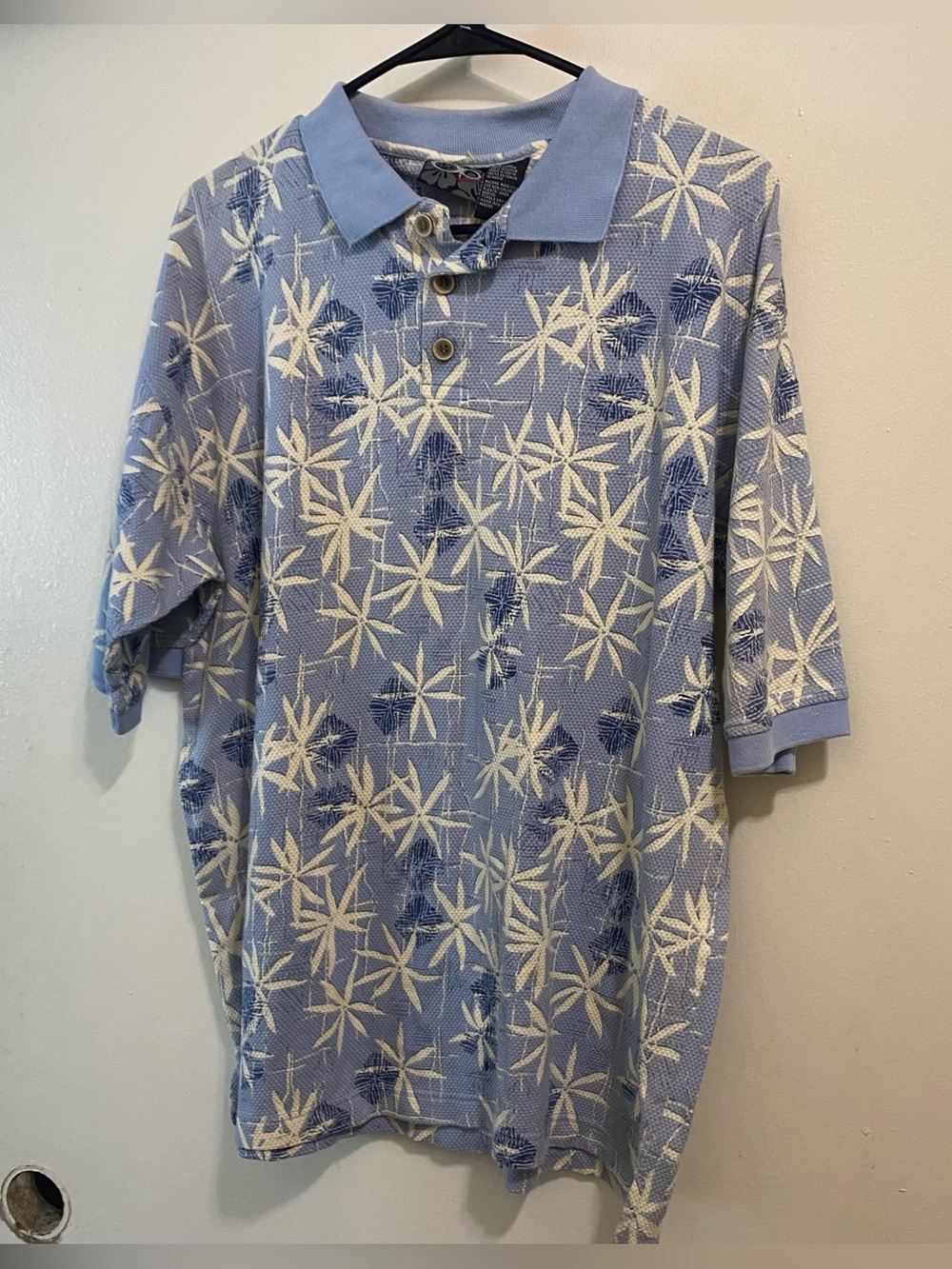 Vintage OP Mens Polo Shirt XL 46” Blue White Tropical Floral Hawaiian Beach Surf